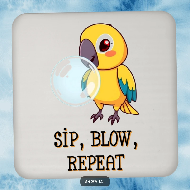 Funny macaw with a determined face, blowing a large bubble, on a drink coaster, offering humorous table protection.