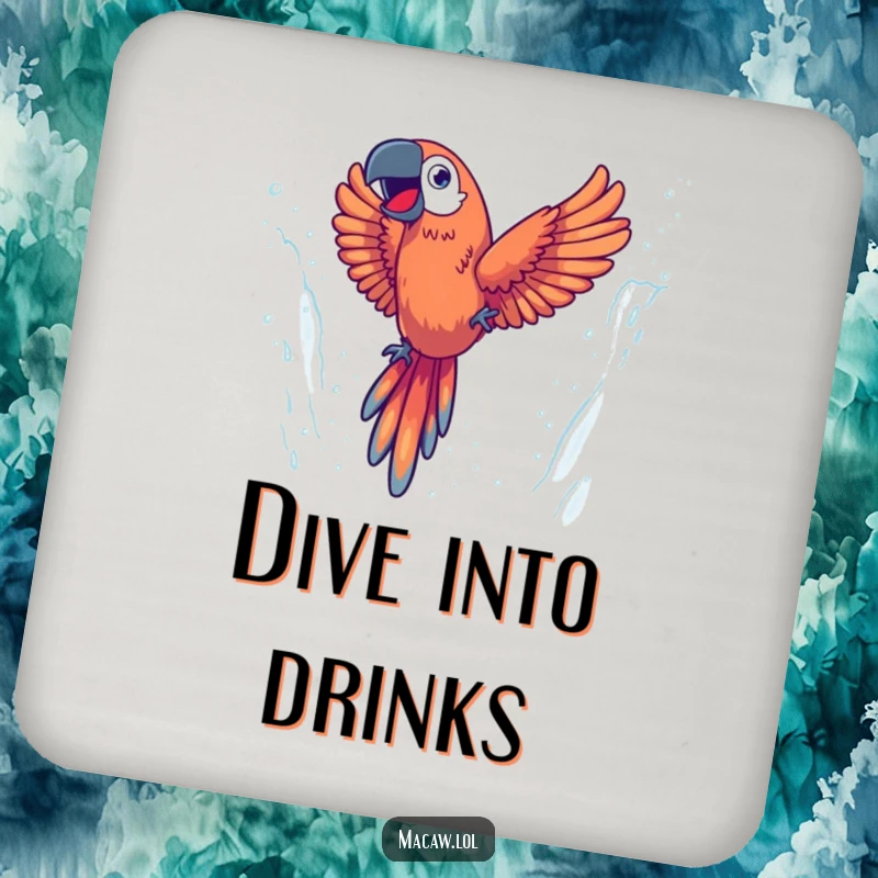 Funny coaster set with an energetic macaw diving through a misty waterfall, adding adventurous protection to tables.