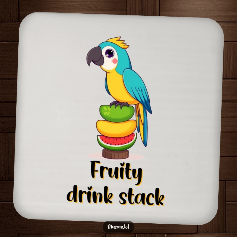 Funny drink coaster of a playful macaw bird balancing a precarious stack of exotic fruits, protecting surfaces with humor.