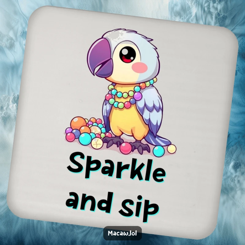 Funny Drink Coaster with a kawaii macaw proudly showing off shiny, mismatched beads, adding quirky charm to surfaces.