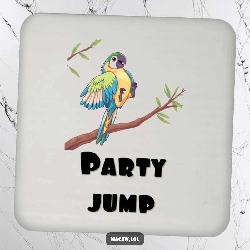 Funny Macaw Acrobat Coaster: A macaw in a dramatic leap between perches, offering daring and humorous protection for your surfaces.