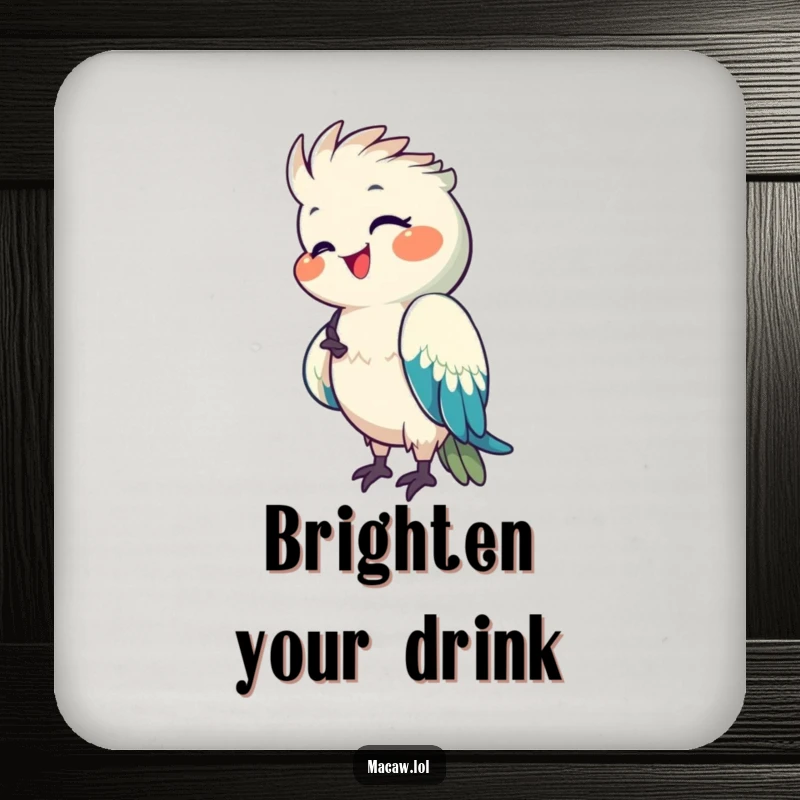 Funny Macaw Coaster featuring a happy macaw preening its bright feathers with a pleased expression.
