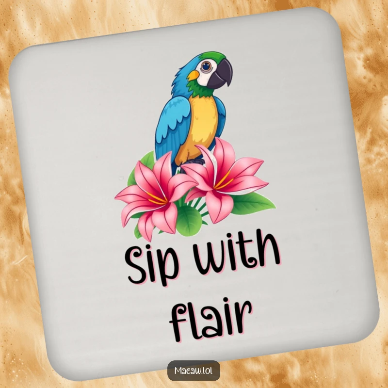 Funny macaw striking a dramatic proud pose atop a tropical flower on a drink coaster, a vibrant and humorous table accessory.