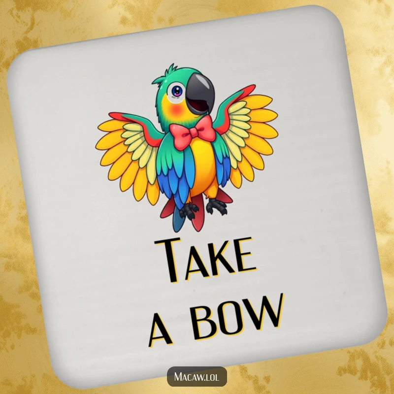 Funny Macaw Drink Coaster showcasing a vibrant bird in a flamboyant bow, adding a humorous and protective touch to tables.