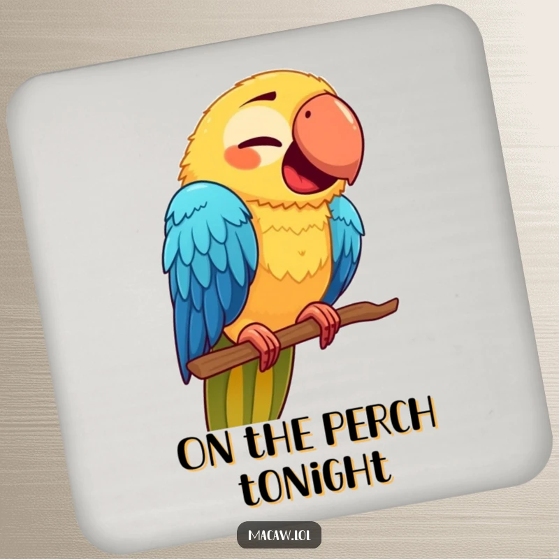 Funny Macaw Face Coaster: A cute macaw with a funny expression on a new perch, providing humorous surface protection.