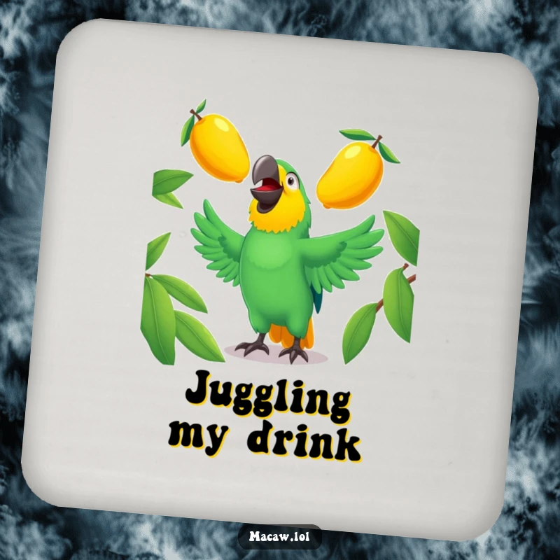 Funny macaw coaster illustrating a laughing bird juggling three mangoes, ideal for drink protection.