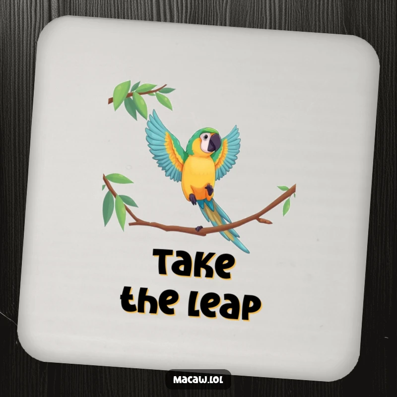 Funny macaw coasters illustrating a bird's dramatic leap, adding a touch of playful elegance to protect surfaces.