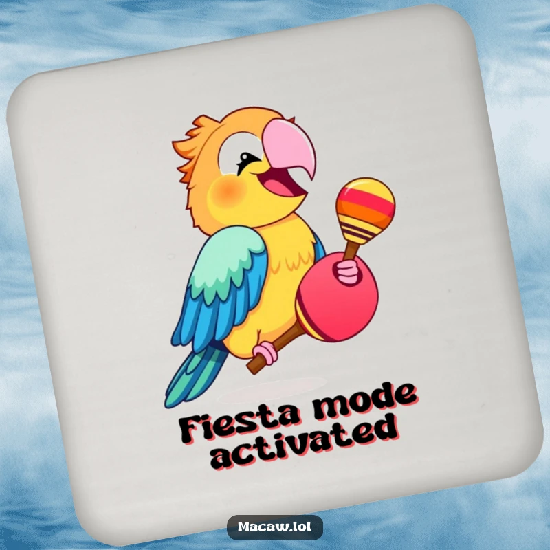 Funny macaw bird shaking a maraca with a wide grin, a humorous and protective drink coaster.
