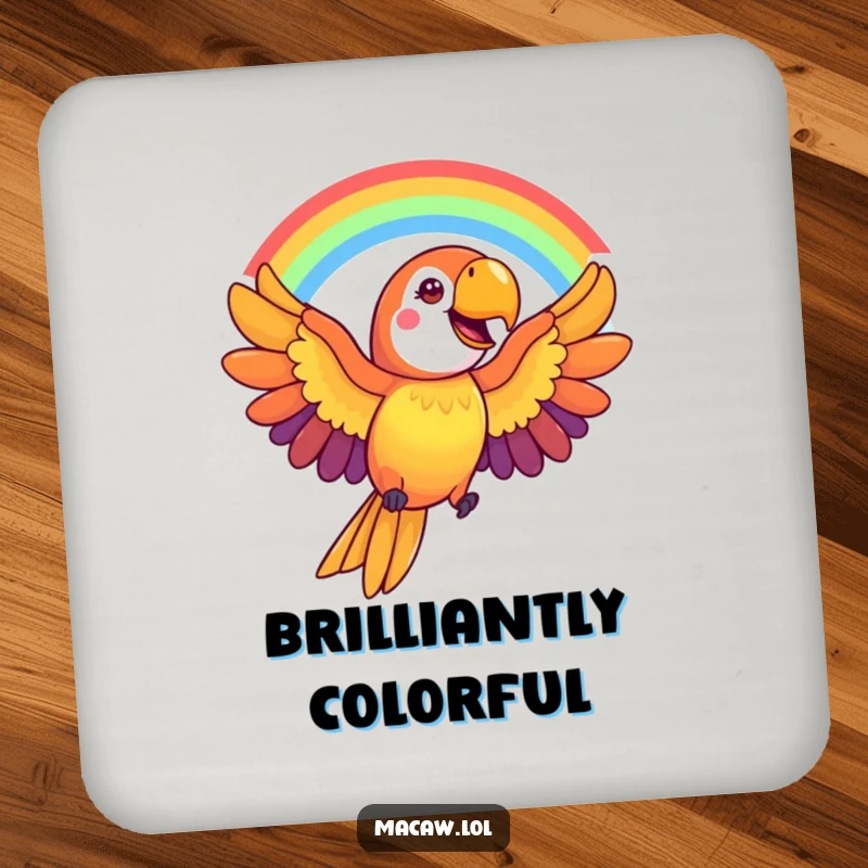 Funny Macaw Coaster: A cheerful macaw bird creates a vibrant rainbow arc with its wings, protecting surfaces with colorful humor.