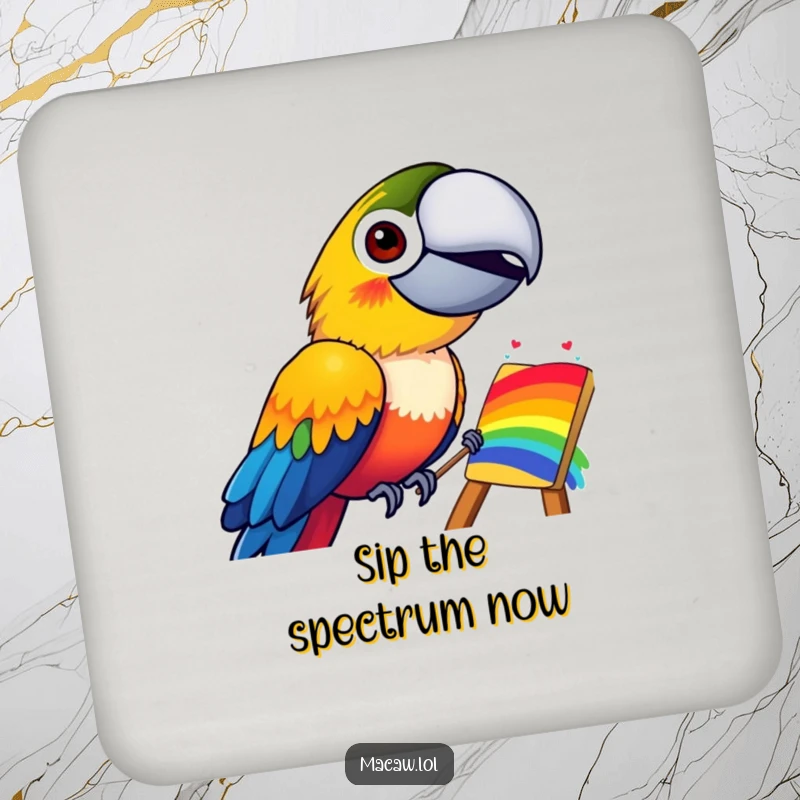 Funny drink coaster featuring a grinning macaw bird painting a bright rainbow, protecting surfaces with artistic humor.