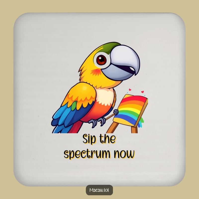 Funny Macaw Rainbow Painting Coaster: Vibrant Bird Art Protects Surfaces Gift