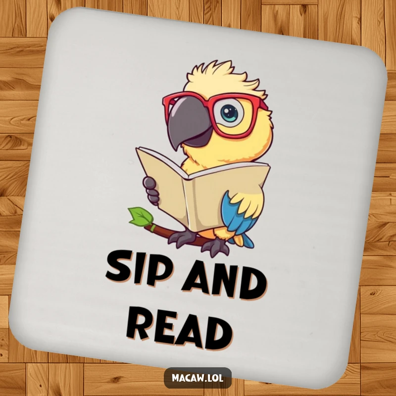 Funny Macaw Coaster: A coaster depicting a scholarly macaw bird wearing spectacles and reading a leaf.