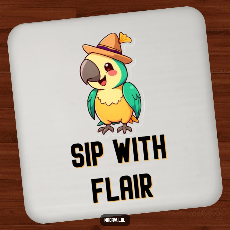 Funny Drink Coaster with a cheerful macaw tipping a tiny sombrero with a flourish, adding festive flair to surfaces.