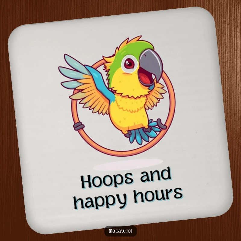 Funny Ruffled Macaw Hoop Coaster: A bird with ruffled feathers humorously attempting to fly through a hoop.