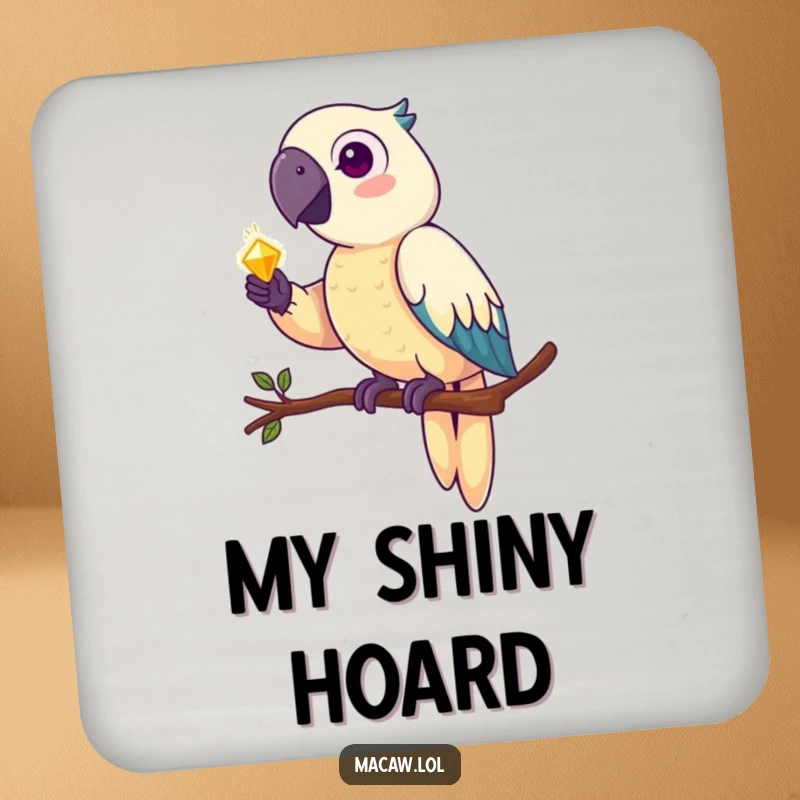 Funny macaw coaster, a pirate parrot perched on a branch, holding a tiny, shiny gem.