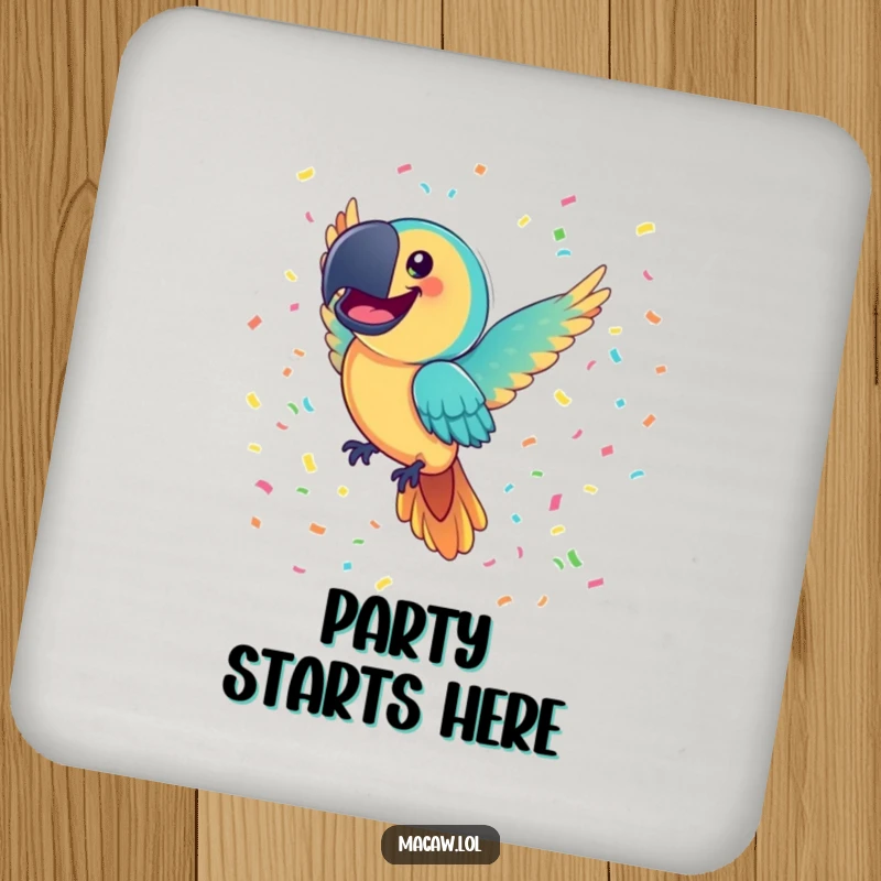Funny Macaw Coaster: A joyful macaw bird with a comically large smile flies through colorful confetti, protecting surfaces with festive humor.