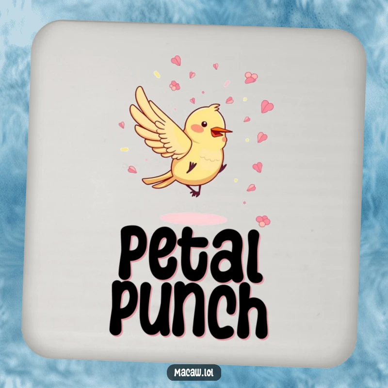 Funny Confetti Bird Drink Coaster featuring a bird playfully scattering flower petal confetti, adding cheerful protection to tables.