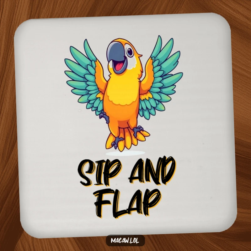 Funny, vibrant macaw with a wide grin dancing with outstretched wings on a protective drink coaster.
