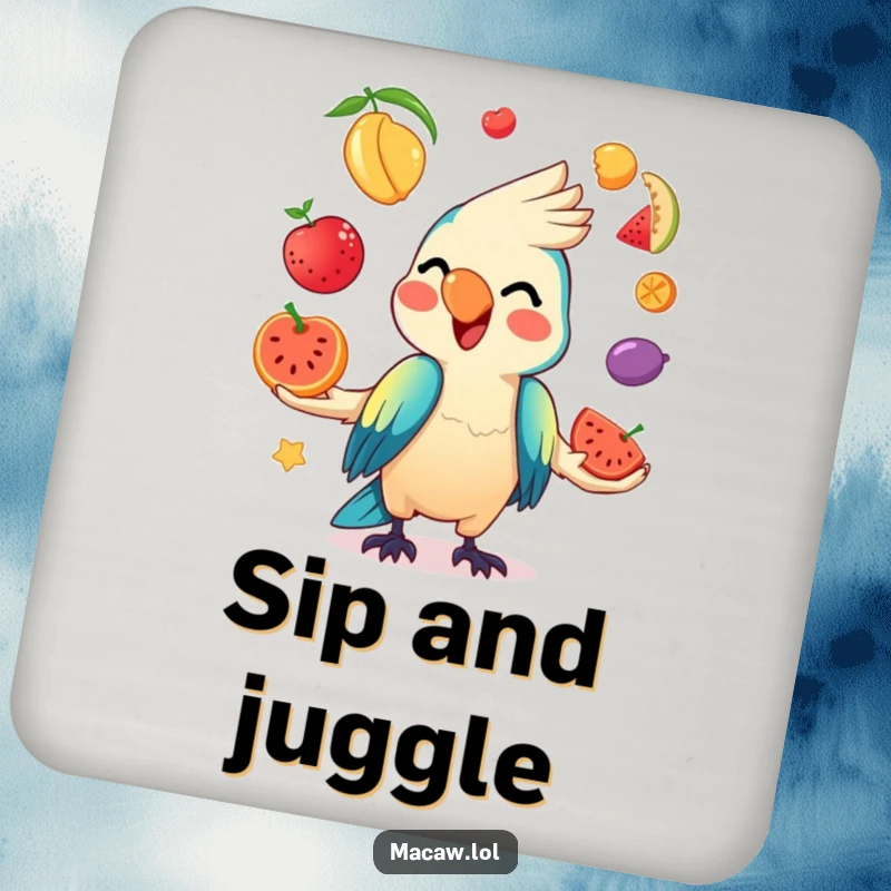 Funny Kawaii Macaw Coaster depicting a mischievous macaw juggling colorful fruits, adding a touch of humor.