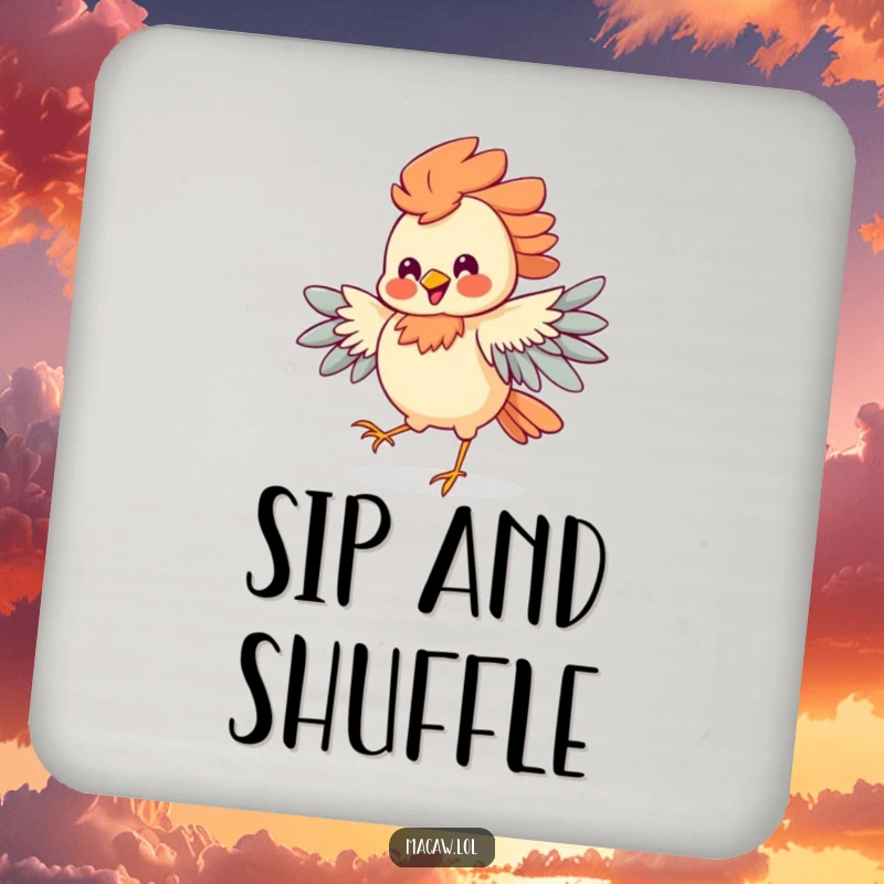 Funny Jigging Bird Drink Coaster featuring a bird doing a vibrant jig with a wonderfully silly grin, perfect for tables.