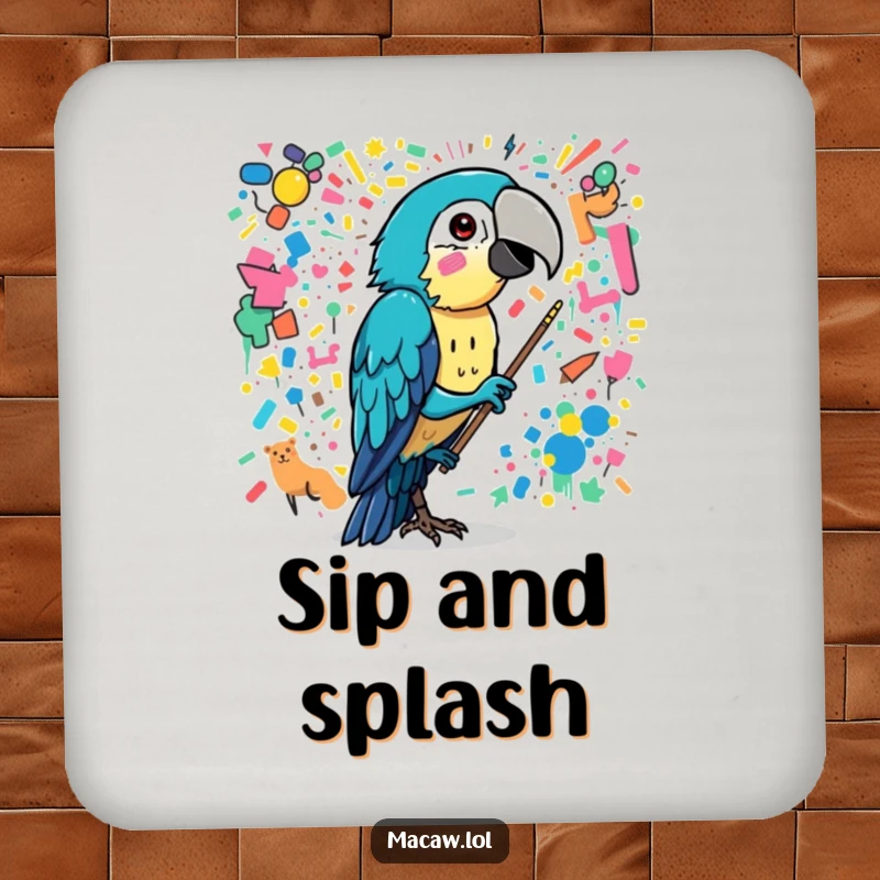 Funny macaw bird painting a chaotic mural with its beak, a humorous and protective drink coaster.