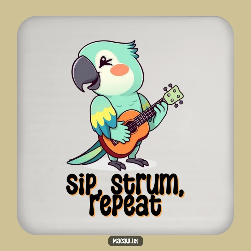 Funny Macaw Ukulele Drink Coaster: Protect Surfaces with Tropical Bird Humor