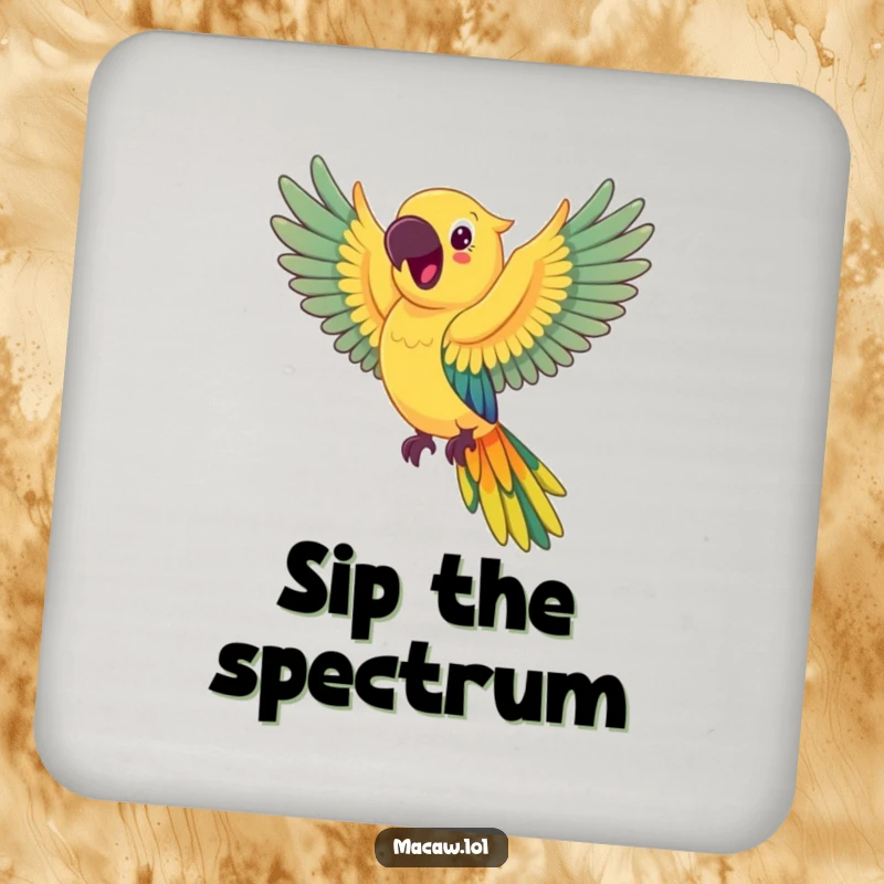 Funny happy macaw coaster, a delightful macaw flapping its wings, creating a small, colorful rainbow arc.