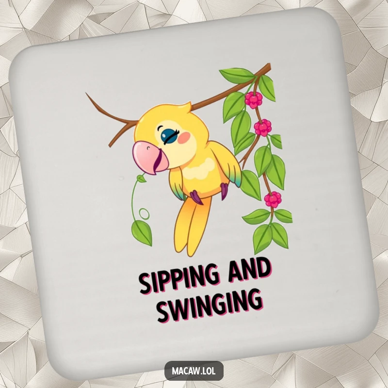 Funny macaw bird drink coaster, playful bird tugging on a dangling vine, jungle theme, humorous, protective gift.