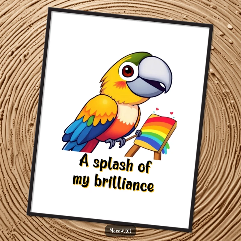 Funny poster of a joyful macaw bird with a massive grin, painting a brilliant and lively rainbow, adding humor to any wall.