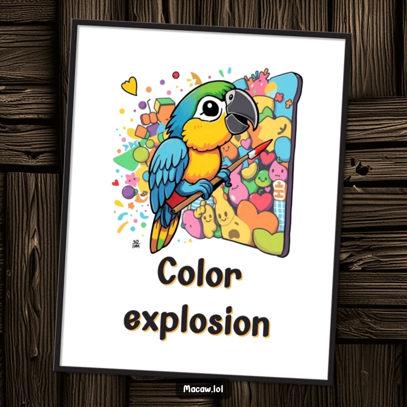 Funny Macaw Artist Poster: A vibrant macaw beak creates a chaotic and colorful mural, a lively and humorous piece of wall art.