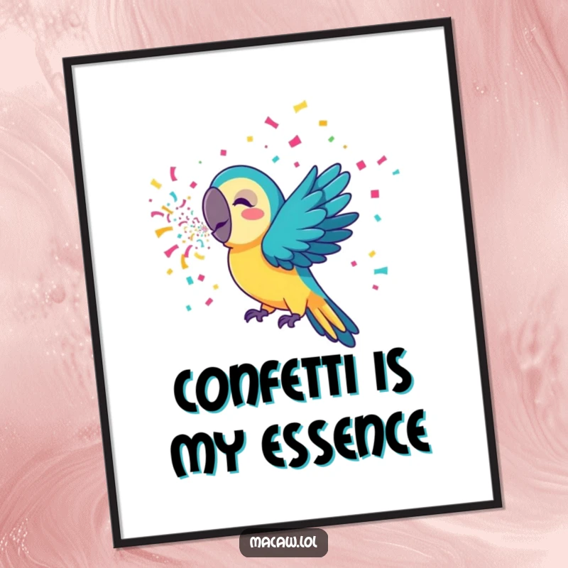 Funny macaw poster depicting a lively bird enthusiastically blowing colorful confetti, creating a dynamic and celebratory visual piece.