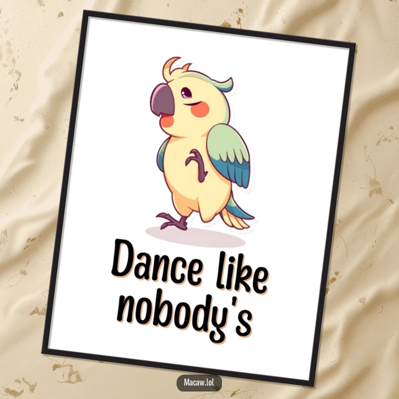 Funny poster art of a joyful macaw in a spirited dance, its foot tapping rhythmically, perfect for adding vibrant decor.