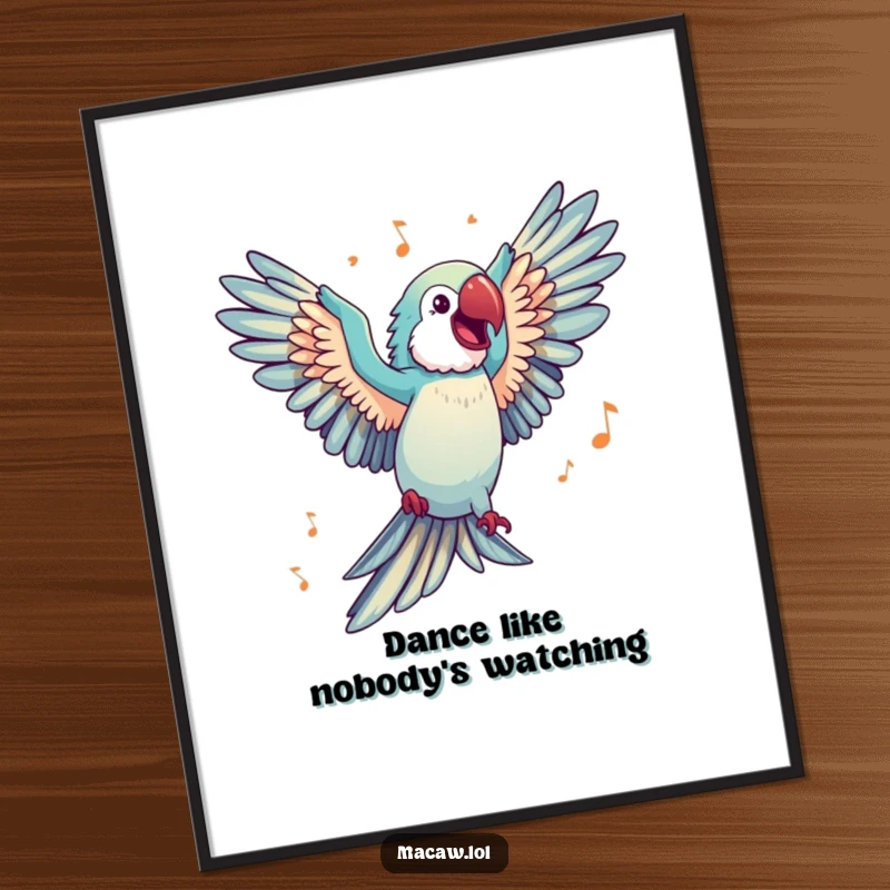 Funny Poster print of a happy macaw with wings spread wide, captured mid-dance to imaginary music, radiating pure happiness.