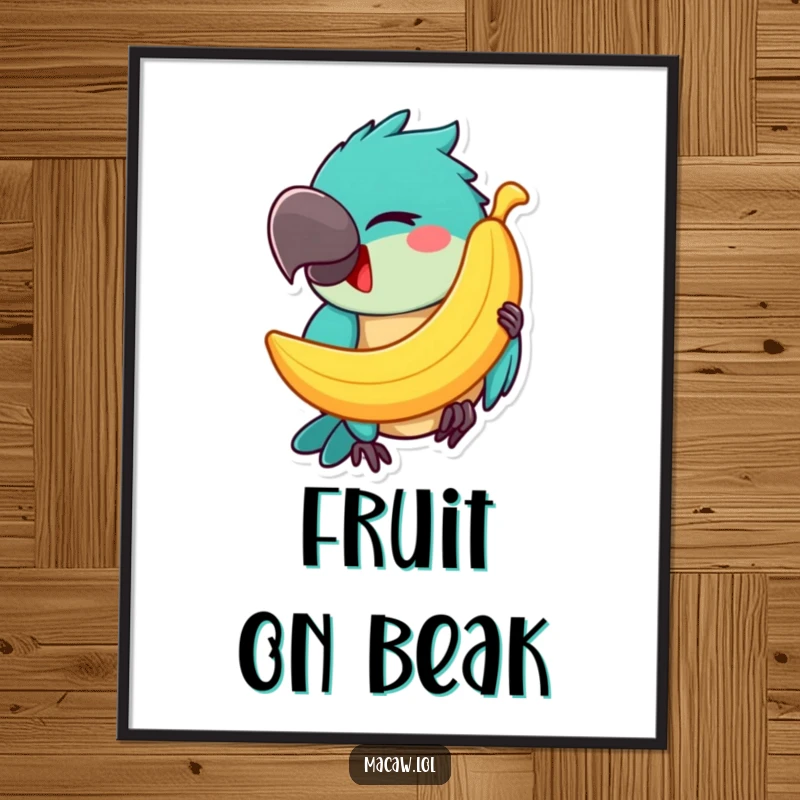 Funny Macaw Poster: A happy macaw winks mischievously, balancing a banana on its beak, creating a humorous and vibrant wall decoration.