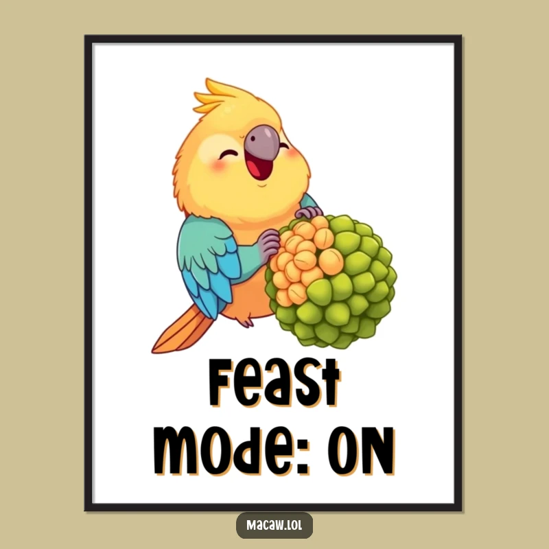 Funny Chubby Macaw Poster: Adorable Bird Munching Giant Seed - Hilarious Wall Art Gift!