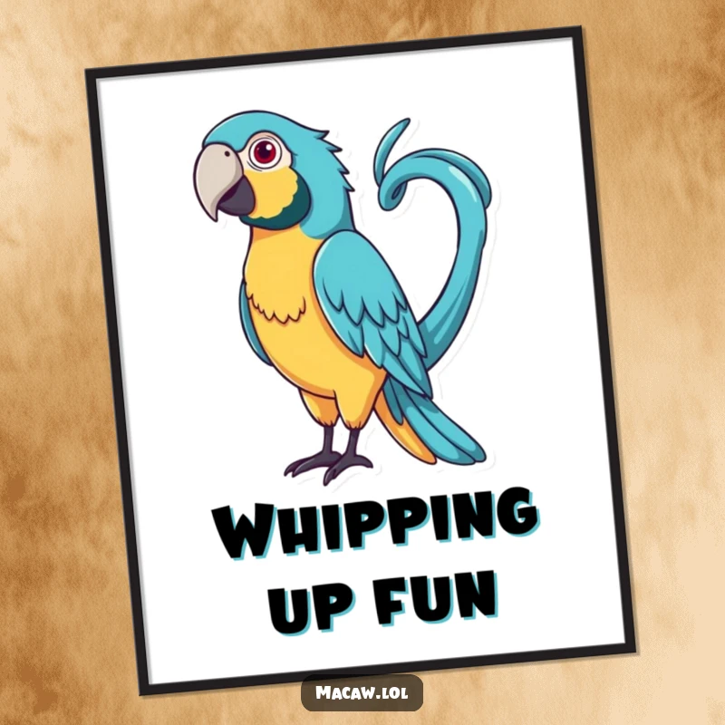 Funny Curly Tail Macaw Poster: A bird with a very long, curly tail playfully whipping it around.