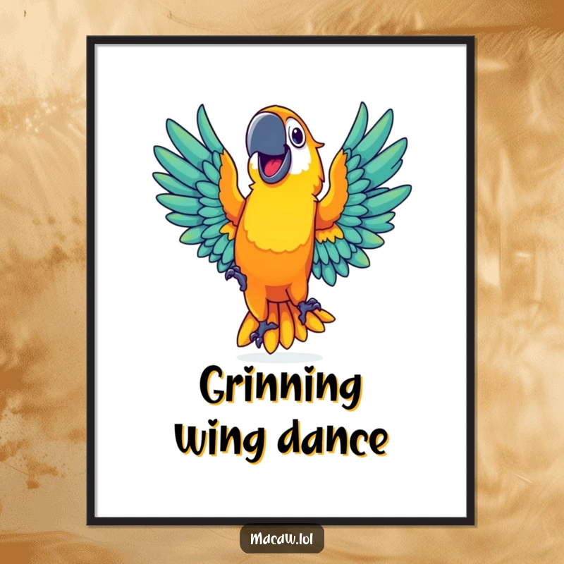 Vibrant poster featuring a macaw with a wide grin joyfully dancing with outstretched wings, perfect for festive decor.