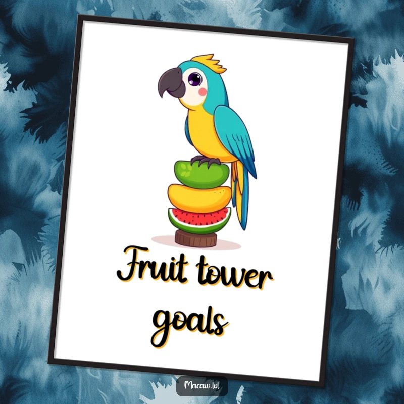 Funny poster of a playful macaw bird attempting a daring feat, balancing a huge stack of exotic fruits with comical instability.