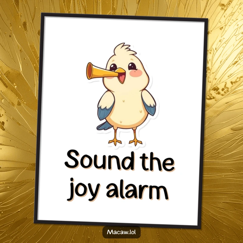 Funny bird honking a tiny horn with great joy and gusto, a vibrant and humorous art print.