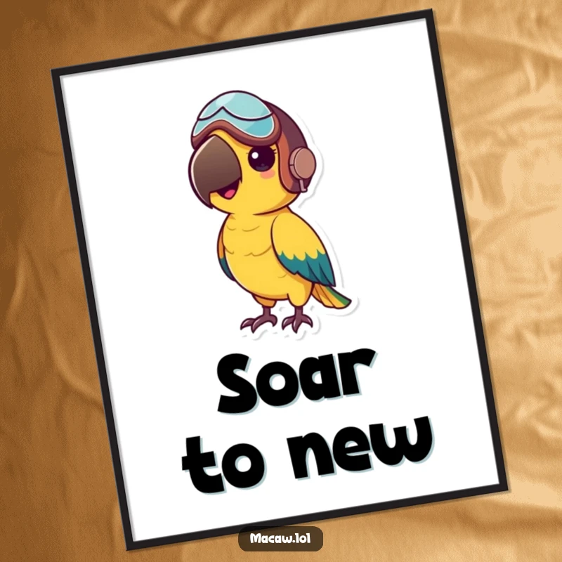 Funny poster art of a small macaw bird in a tiny aviator helmet, looking adventurous and ready to explore.