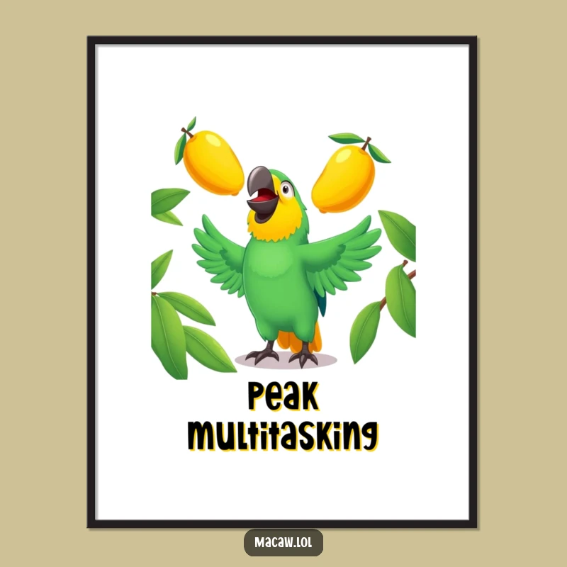 Funny Macaw Juggling Mangoes Poster - Tropical Bird Art, Hilarious Wall Decor