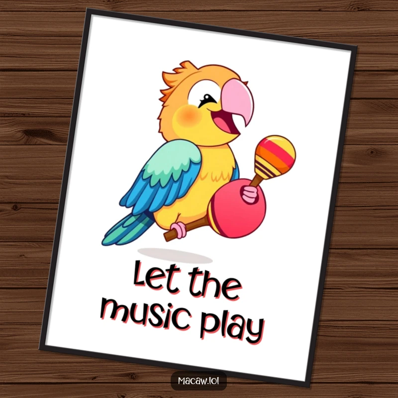 Funny macaw bird shaking a maraca with infectious glee, a vibrant and humorous wall art.