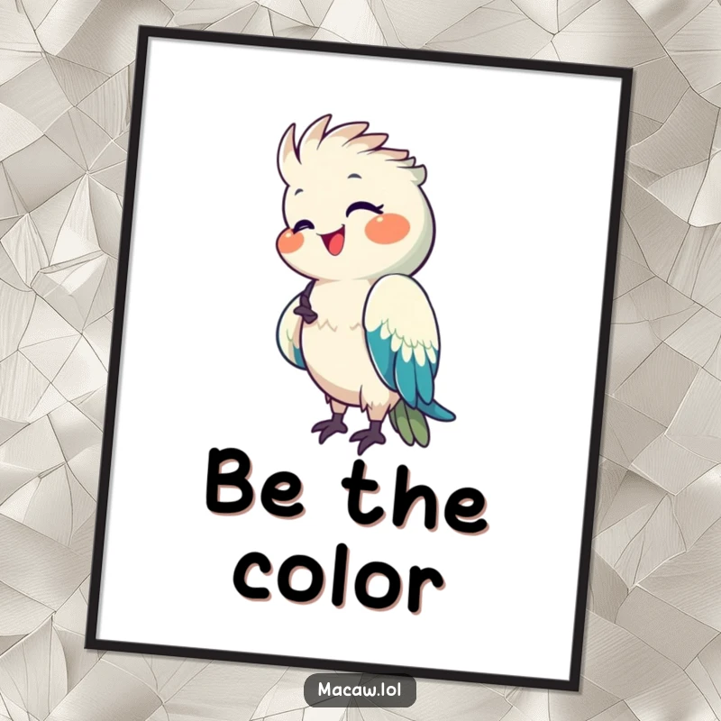 Funny Macaw Poster depicting a happy macaw meticulously preening its bright feathers, radiating a pleased and content aura.