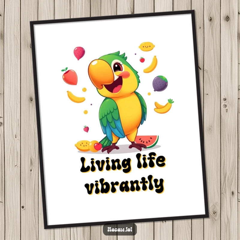 Funny Poster print of a vibrant macaw with a huge smile, juggling various colorful fruits, creating a lively and cheerful atmosphere.