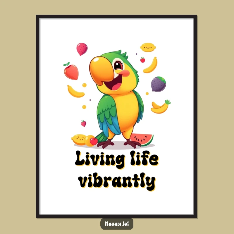 Funny Macaw Poster: Smiling Juggler, Fruit Art, Cheerful Decor