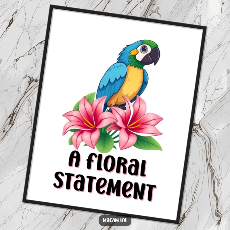 Funny macaw striking a dramatic proud pose atop a tropical flower on a poster, a vibrant and humorous art piece.