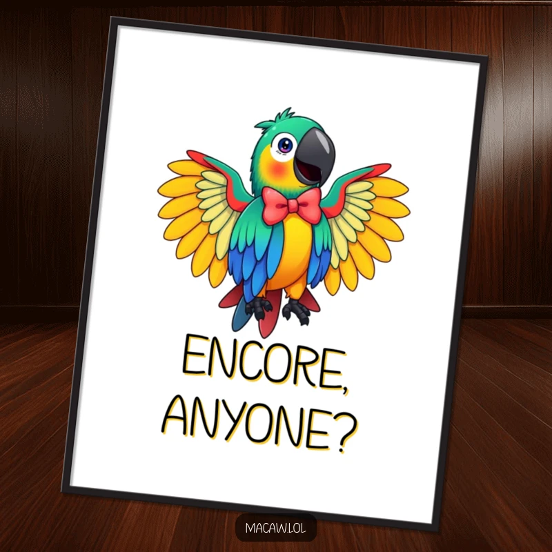 Funny Macaw Poster showcasing a dazzling bird performing a flamboyant bow, bringing artistic flair and humor to any space.