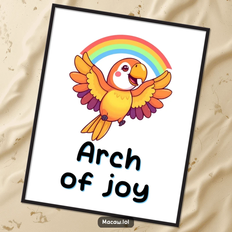 Funny Macaw Poster: A cheerful macaw bird creates a stunning rainbow arc with its outstretched wings, bringing vibrant energy to decor.