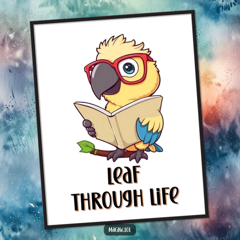 Funny Macaw Poster: Intellectual artwork of a macaw bird in glasses reading a large leaf.