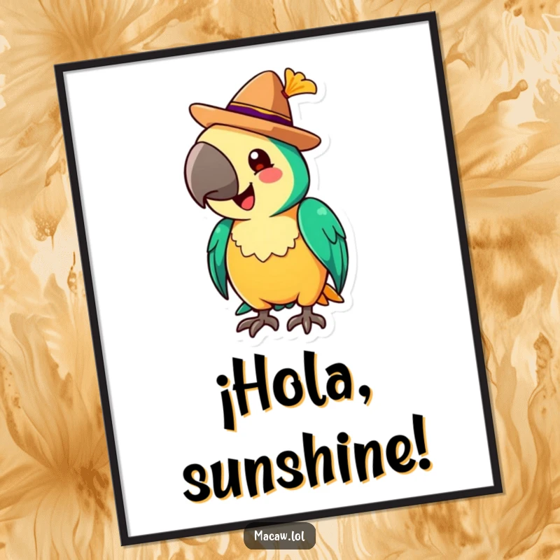 Funny Poster print of a cheerful macaw tipping a miniature sombrero with a graceful flourish, exuding festive energy.